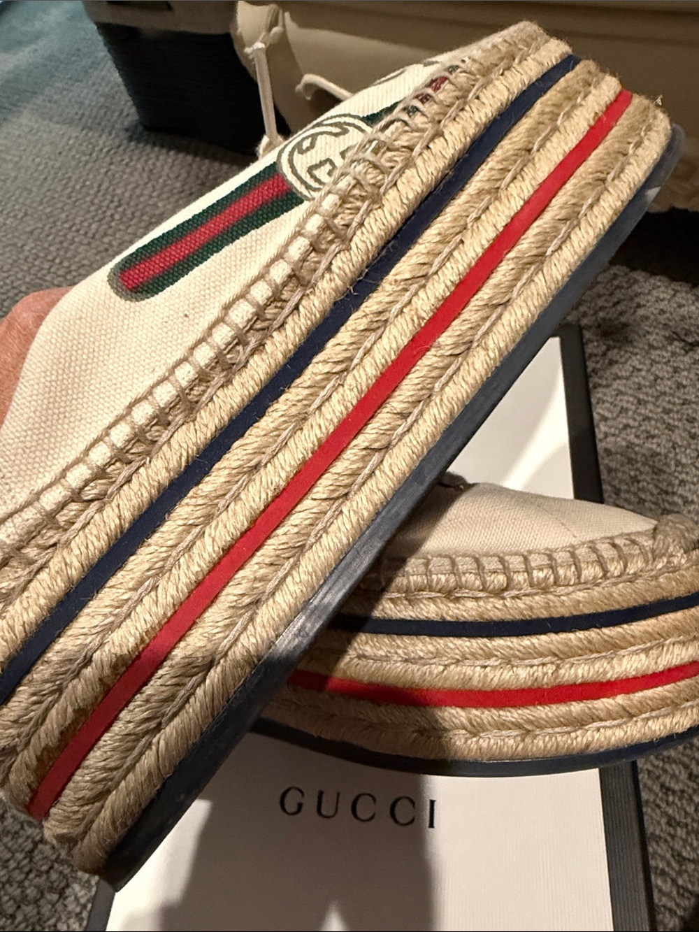 Gucci Cream Canvas Platform Espadrilles with Red & Green Stripe - Picture 4 of 7